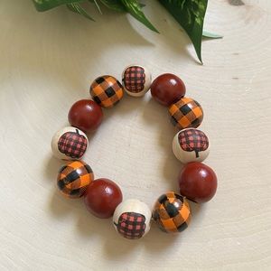 Fall Theme Orange Buffalo Plaid Wood Beaded Bracelet